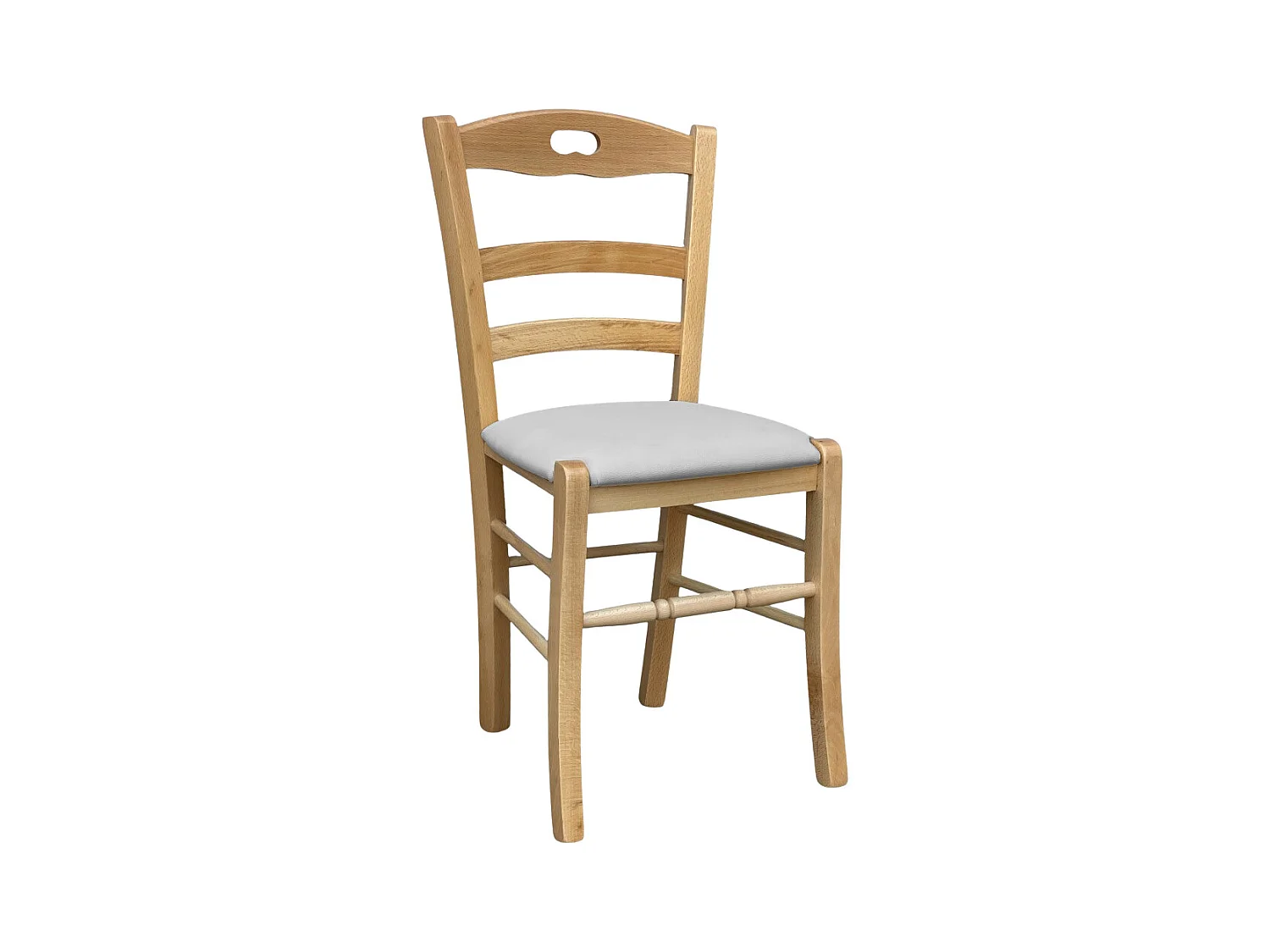 Chaise en bois Loris naturel avec assise rembourrée en éco-cuir gris clair
