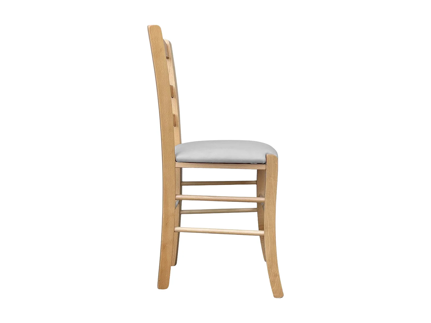 Chaise en bois Loris naturel avec assise rembourrée en éco-cuir gris clair