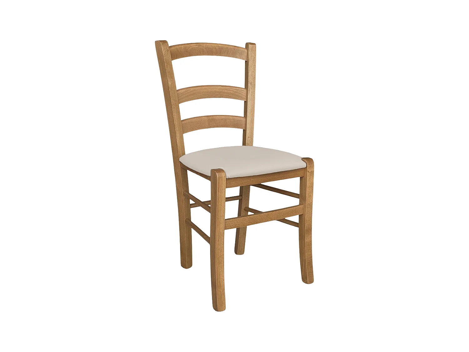 Chaise Venezia en bois de noyer clair avec assise rembourrée en similicuir beige