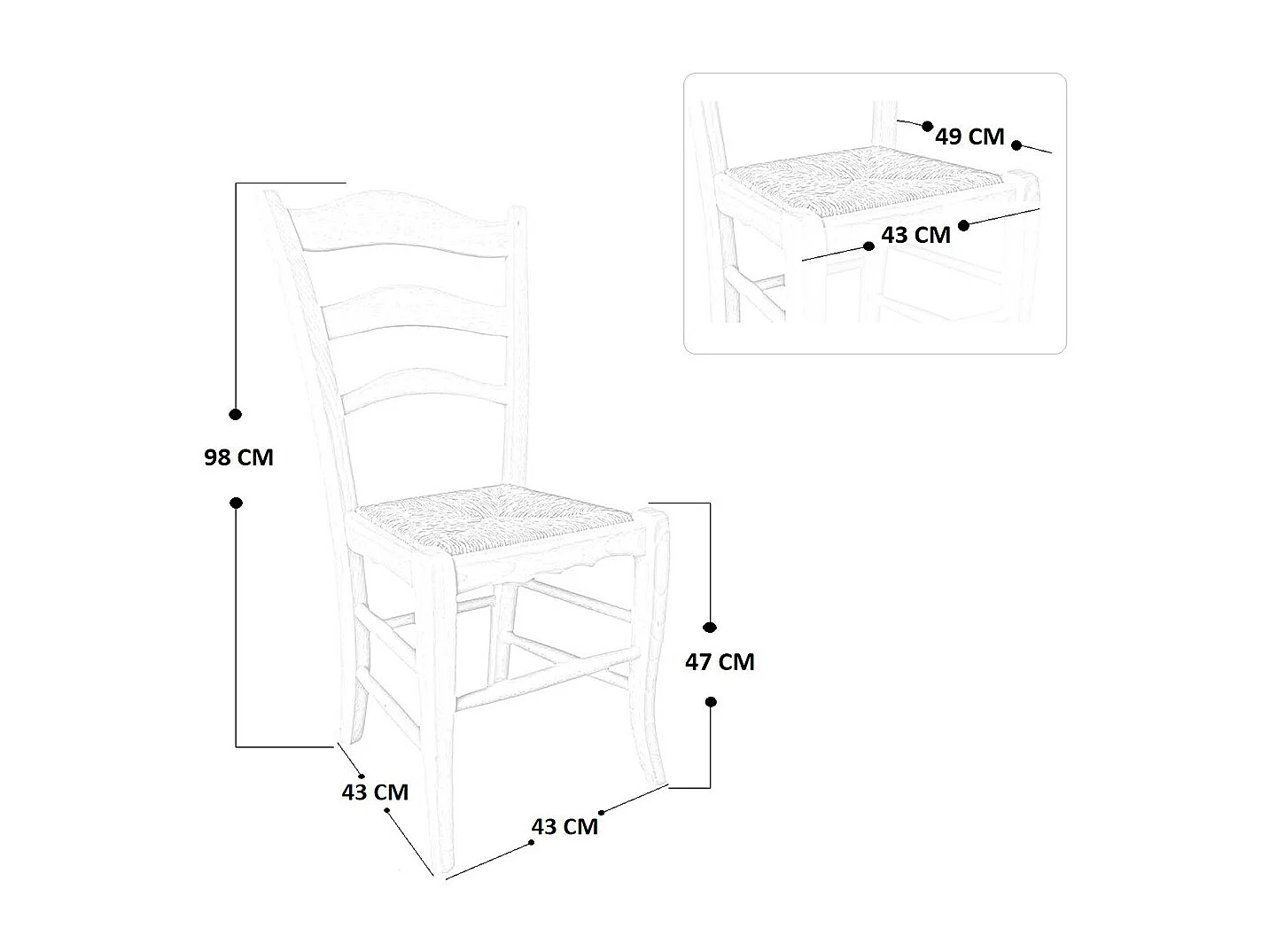 Silla de montaña de nogal oscuro, asiento de paja, juego de 6