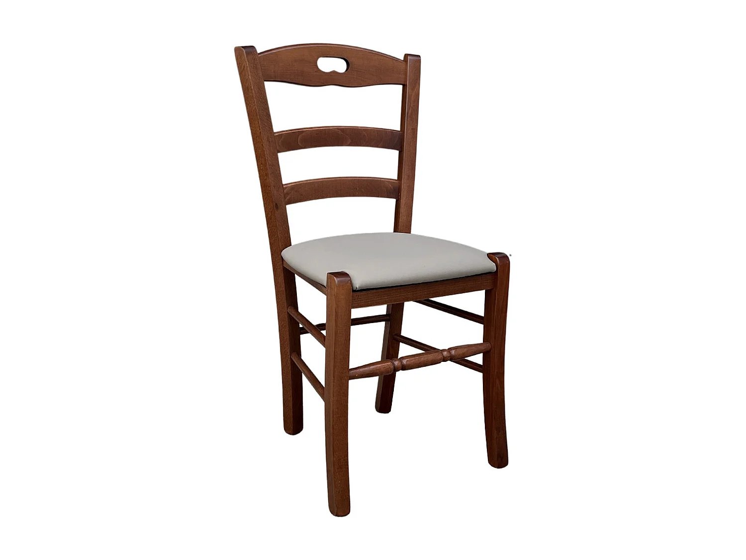 Chaise Loris en bois de noyer foncé avec assise rembourrée en simili cuir gris tourterelle