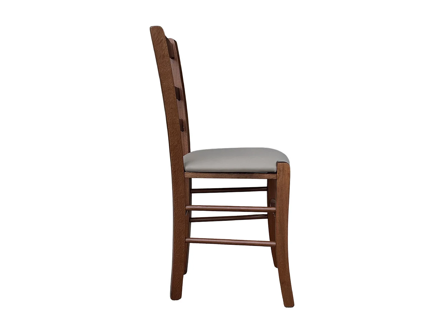 Chaise Loris en bois de noyer foncé avec assise rembourrée en simili cuir gris tourterelle