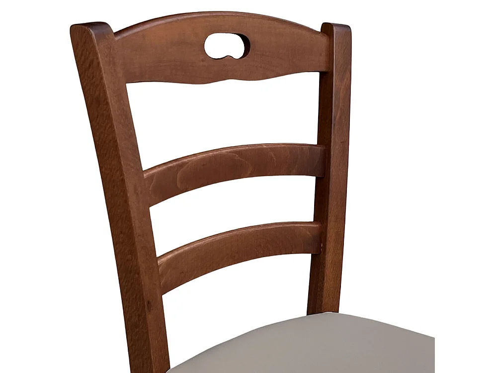 Chaise Loris en bois de noyer foncé avec assise rembourrée en simili cuir gris tourterelle