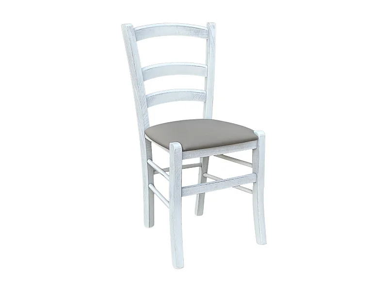 Silla veneciana antigua de madera blanca con asiento de piel sintética color gris tórtola