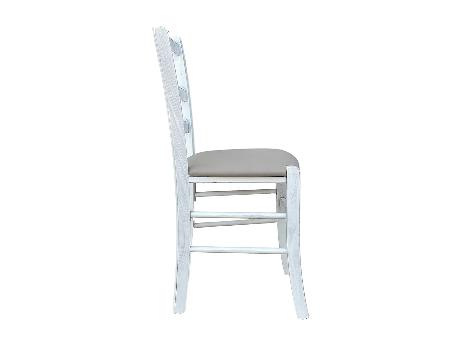 Chaise vénitienne antique en bois blanc avec assise en similicuir gris tourterelle