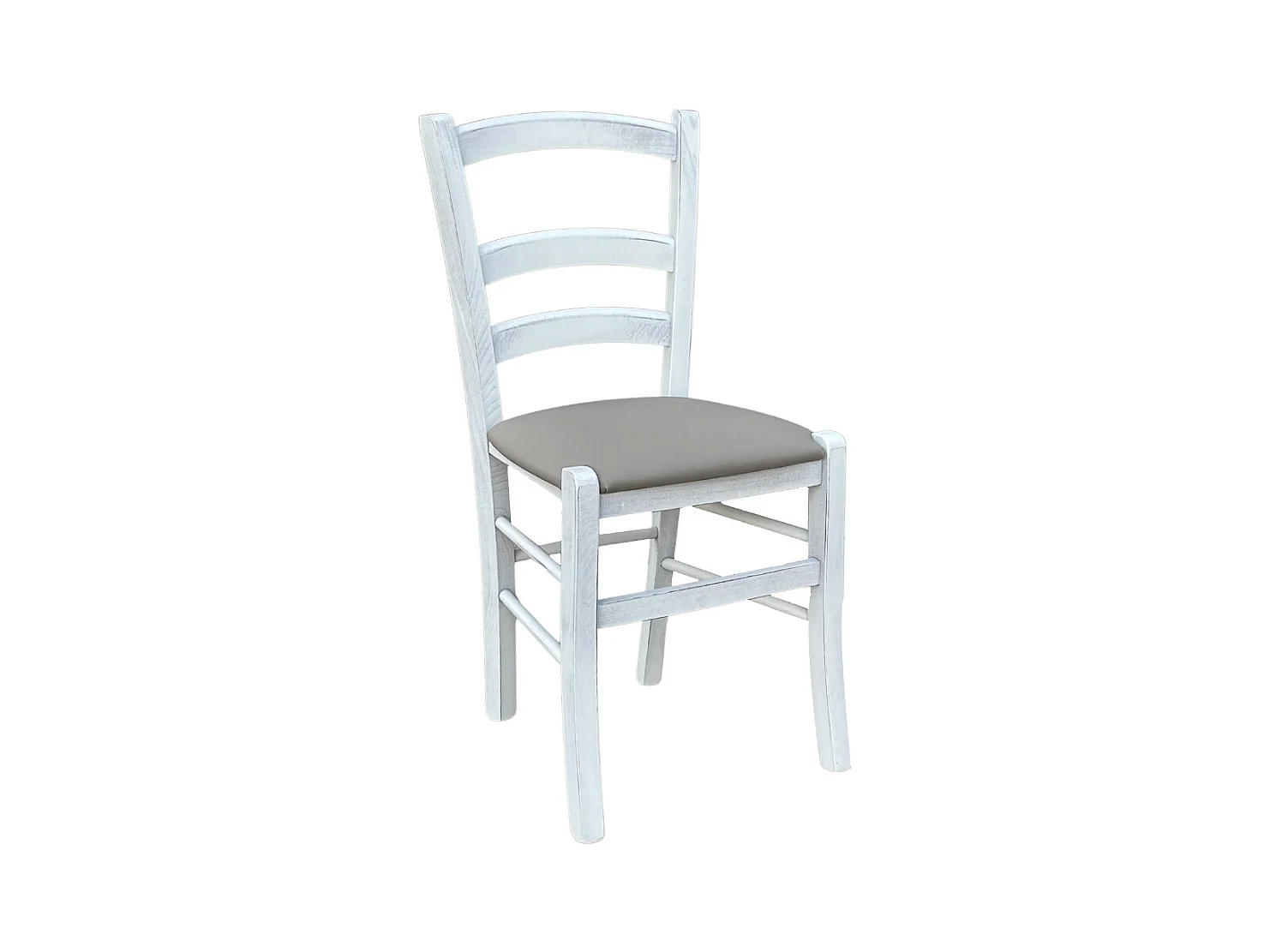 Chaise vénitienne antique en bois blanc avec assise en similicuir gris tourterelle