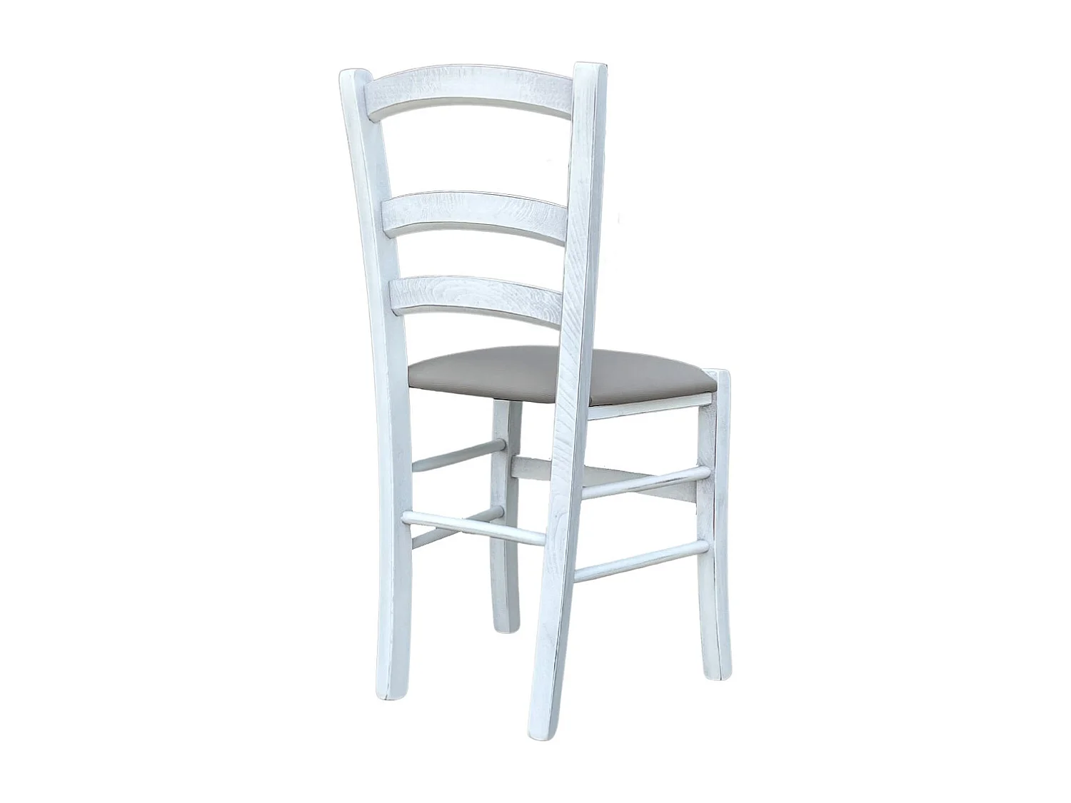 Chaise vénitienne antique en bois blanc avec assise en similicuir gris tourterelle