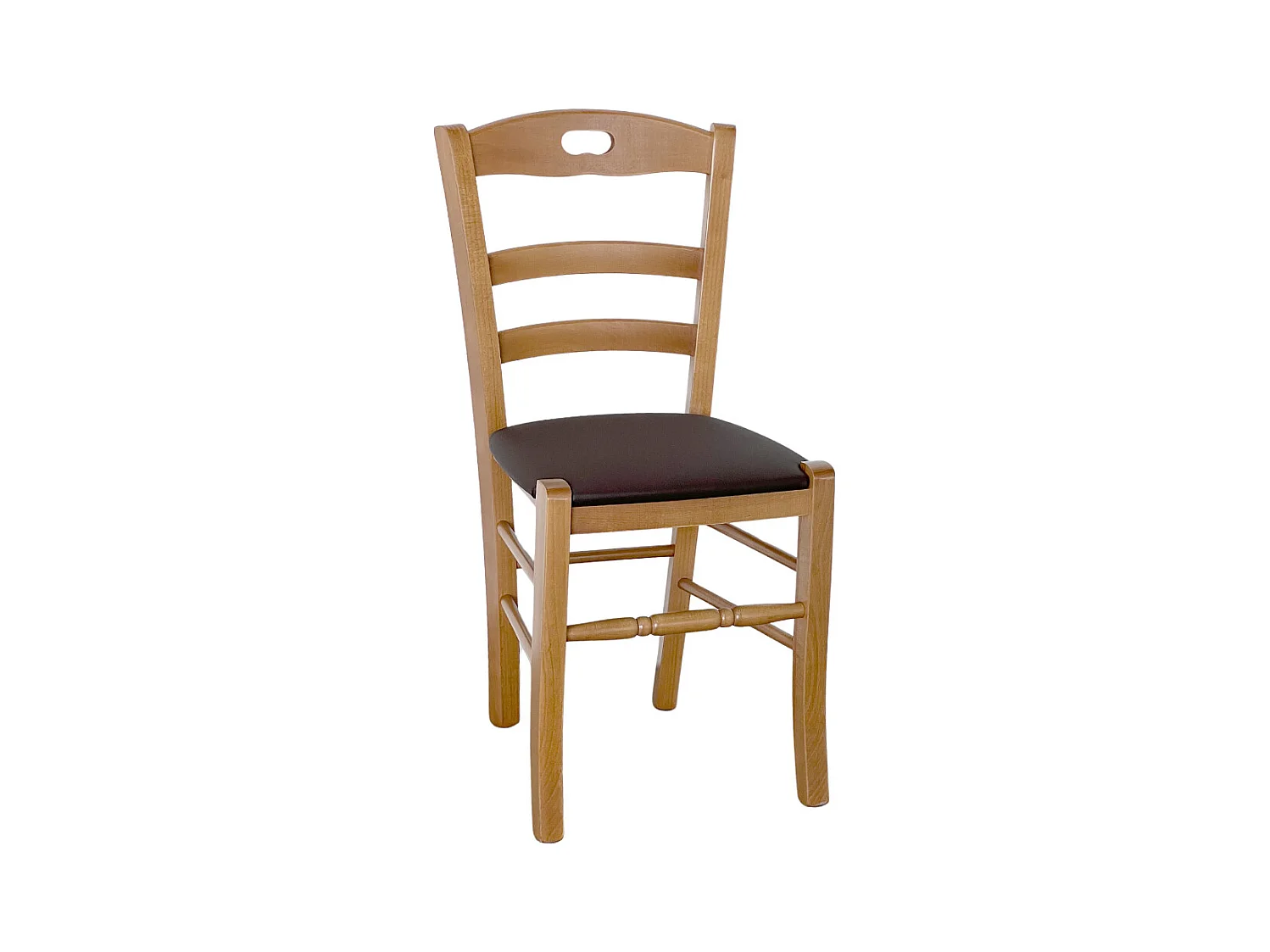 Chaise Loris en noyer clair avec assise en similicuir marron