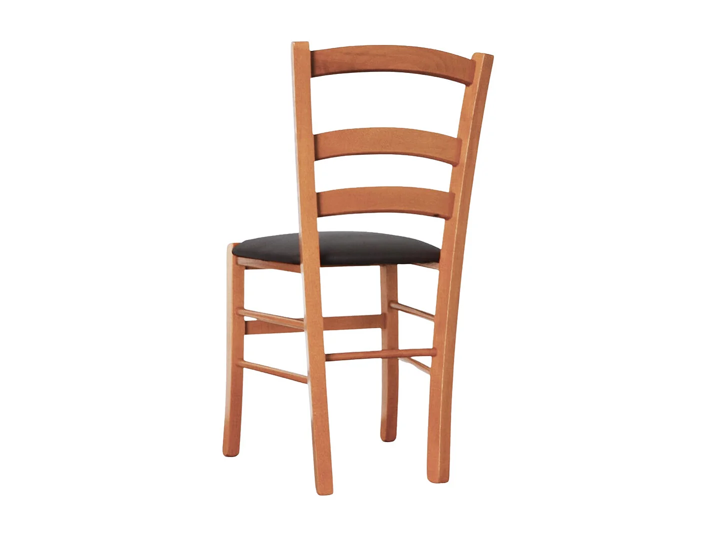 Chaise en bois de Venise couleur cerisier avec assise rembourrée en similicuir marron