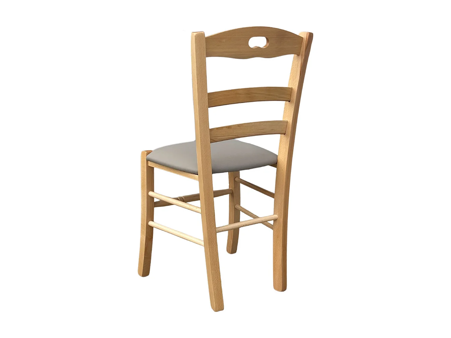 Silla Loris de madera natural con asiento acolchado en polipiel color gris tórtola