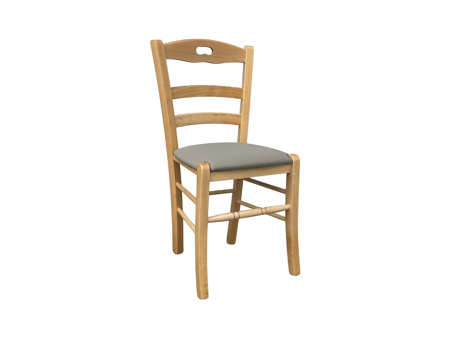 Chaise en bois naturel Loris avec assise rembourrée en simili cuir gris tourterelle