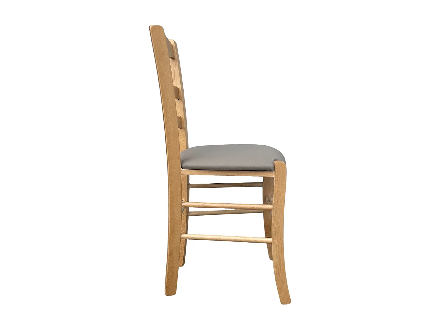 Chaise en bois naturel Loris avec assise rembourrée en simili cuir gris tourterelle