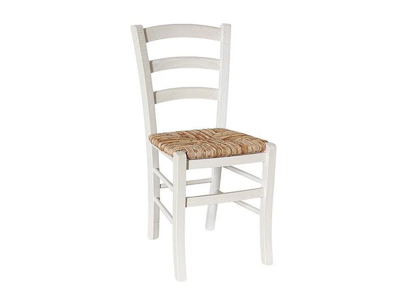 Silla veneciana de madera blanca con asiento de paja de arroz