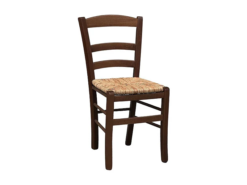 Silla rústica de madera de nogal oscuro con asiento de paja de arroz