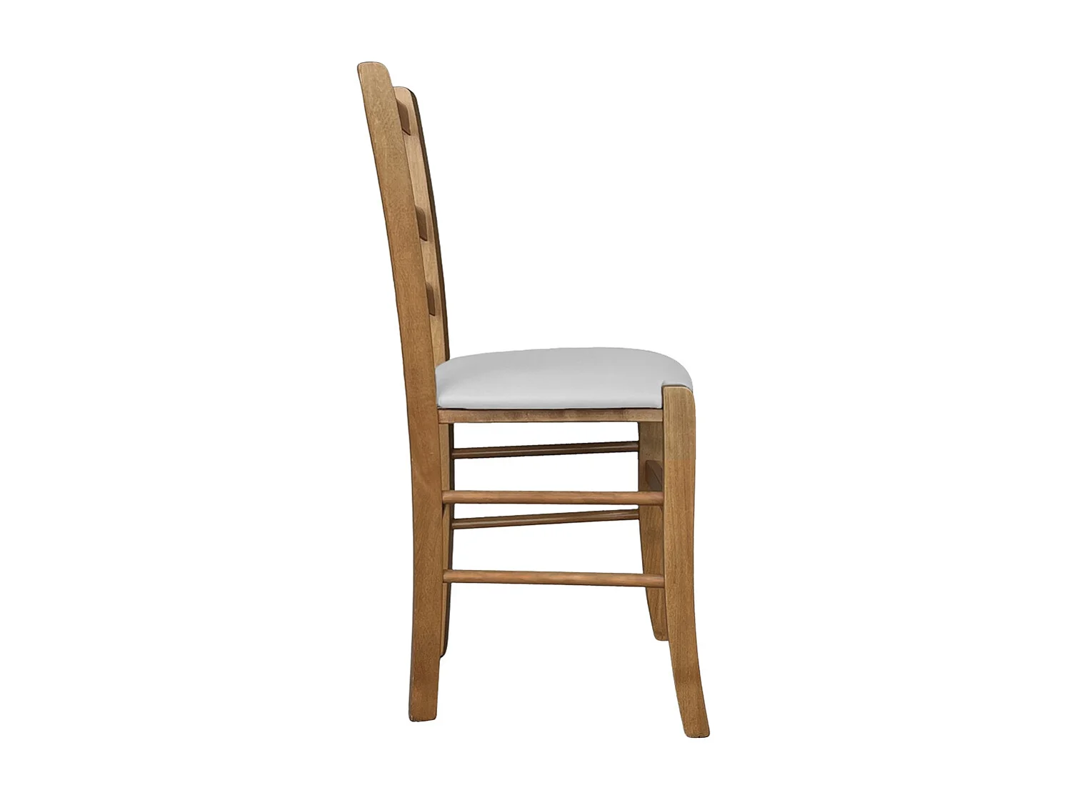 Chaise Venezia en bois de noyer clair avec assise rembourrée en similicuir gris clair