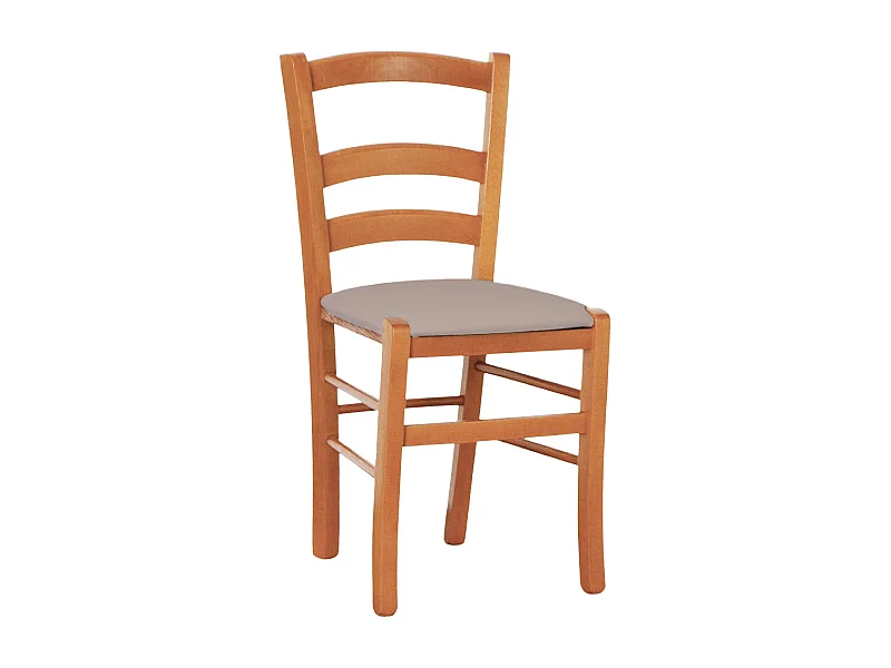 Silla de madera de cerezo de Venecia con asiento acolchado de piel sintética color gris tórtola