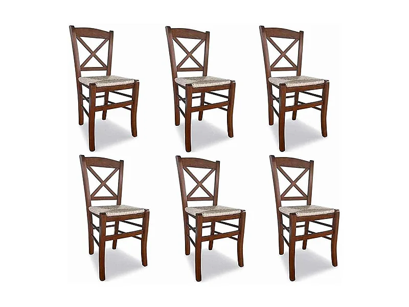 Chaise en bois de Venise croix noyer foncé avec assise en paille x 6