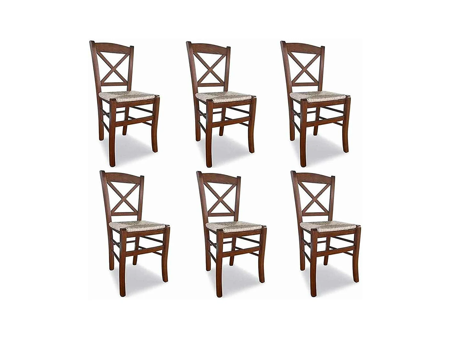 Chaise en bois de Venise croix noyer foncé avec assise en paille x 6