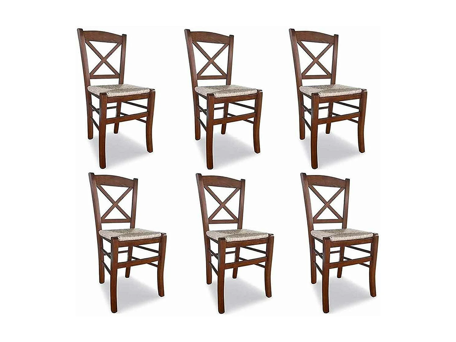 Chaise en bois de Venise croix noyer foncé avec assise en paille x 6