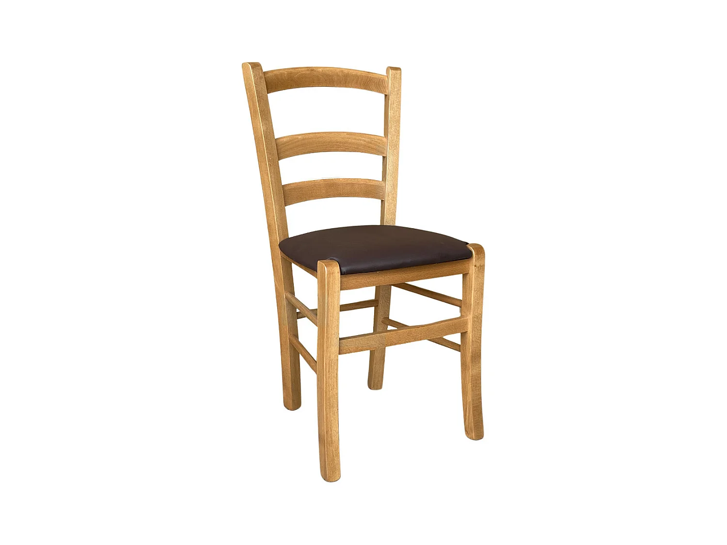 Chaise en bois Venice avec assise rembourrée simili cuir marron noyer clair