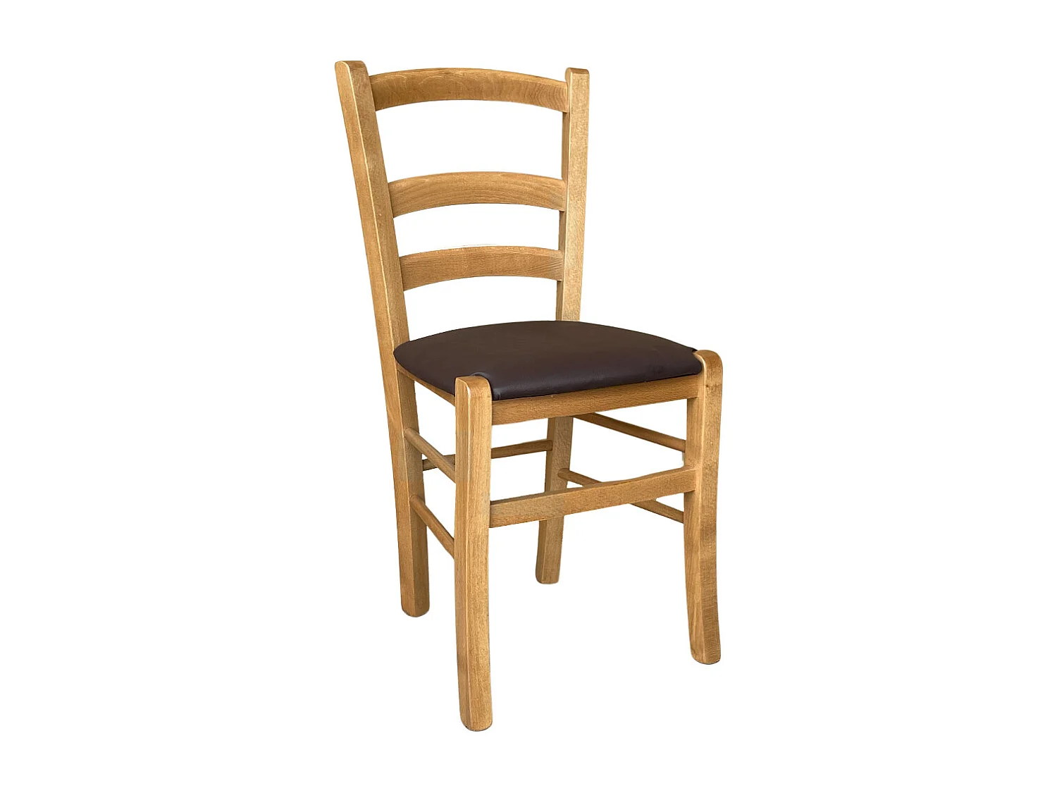 Chaise en bois Venice avec assise rembourrée simili cuir marron noyer clair