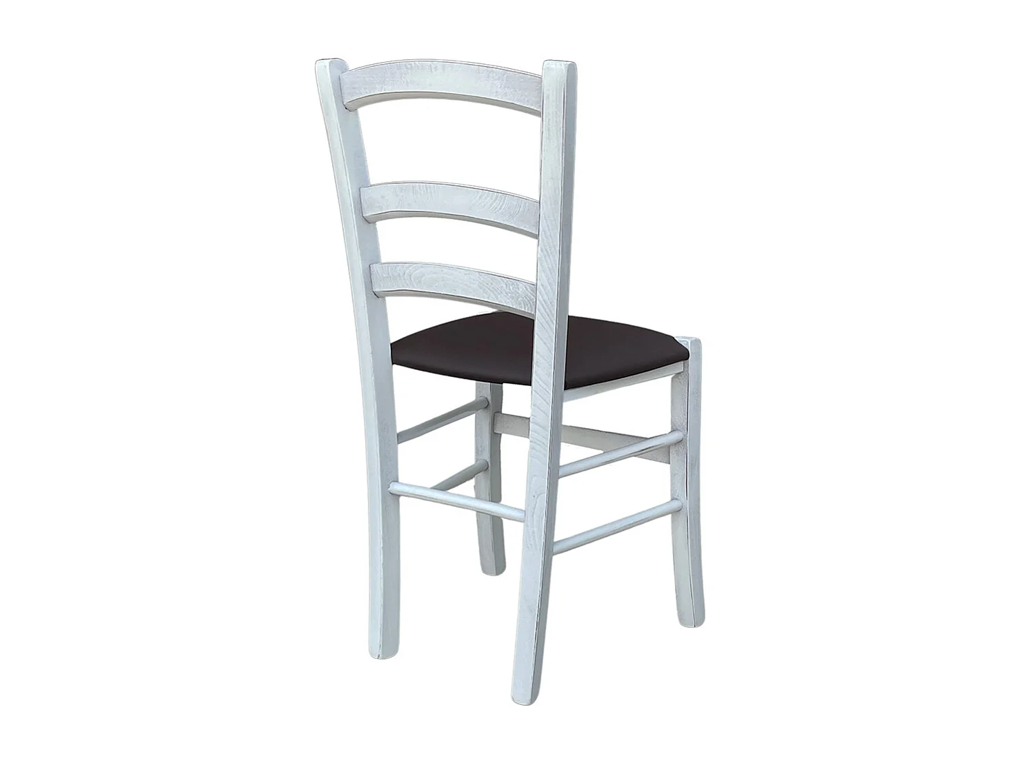 Silla veneciana antigua de madera blanca con asiento de piel sintética marrón