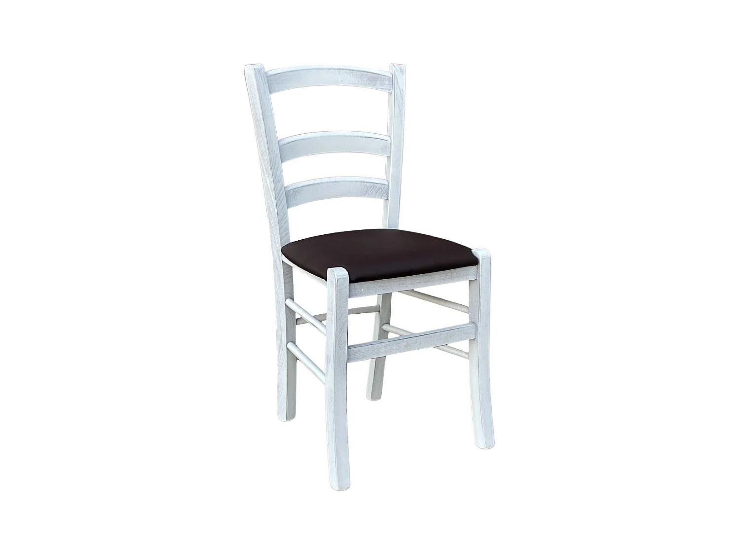 Chaise vénitienne antique en bois blanc avec assise en similicuir marron