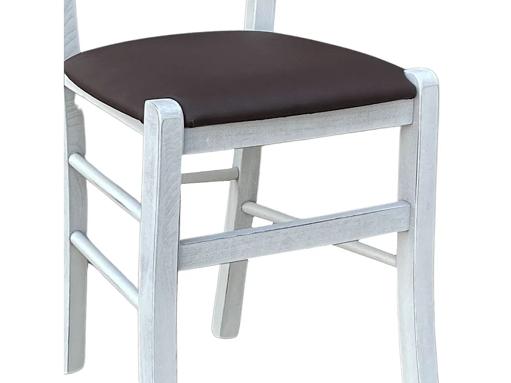 Chaise vénitienne antique en bois blanc avec assise en similicuir marron