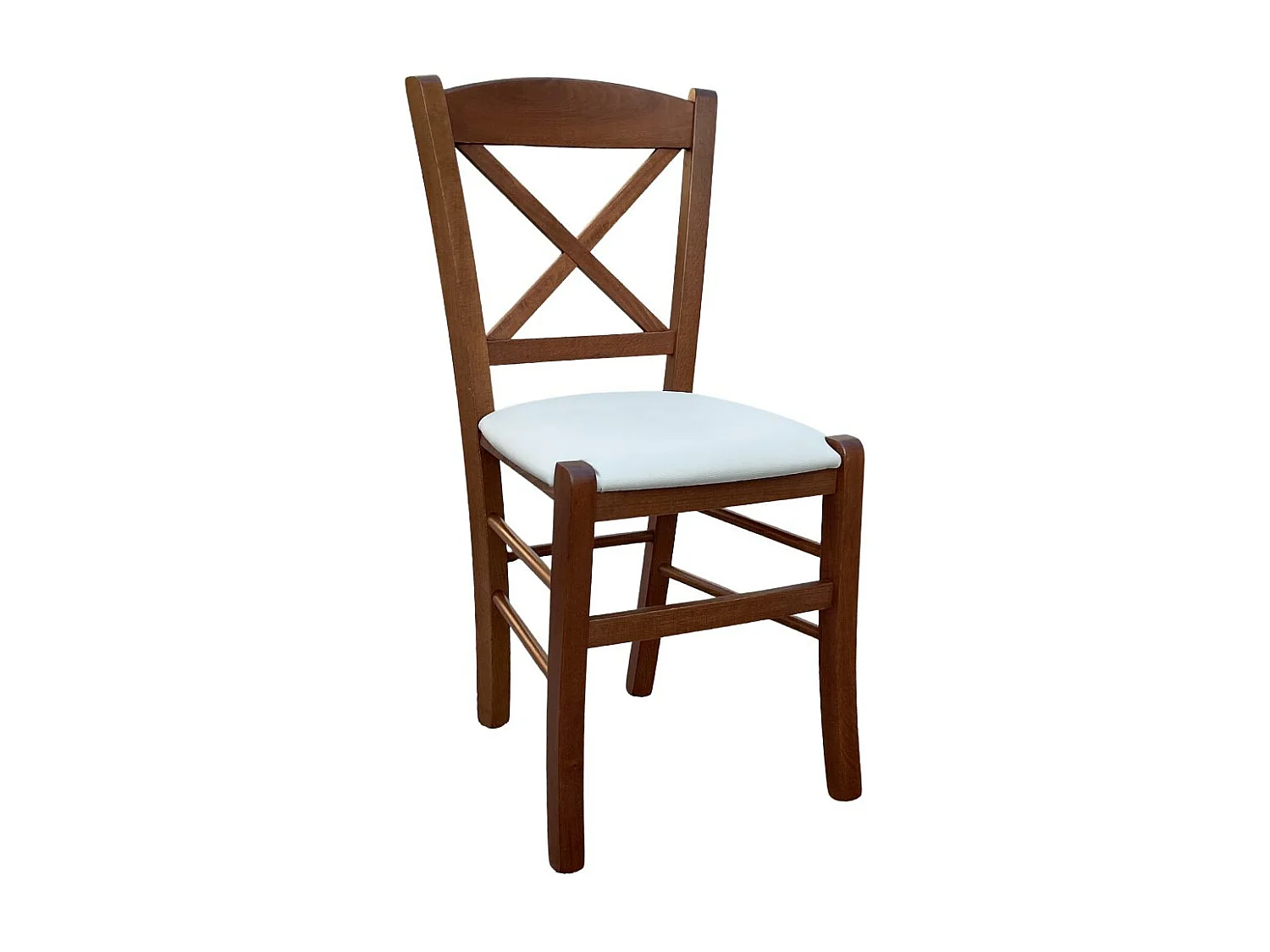 Silla de madera en forma de cruz de nogal oscuro con asiento de piel sintética color gris hielo