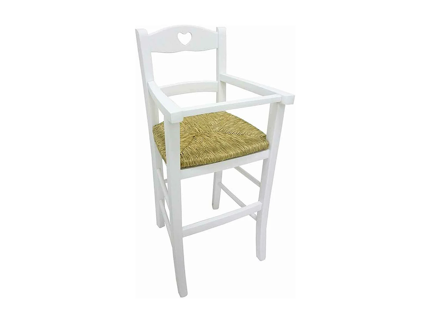 Chaise haute en bois laqué blanc avec assise en paille