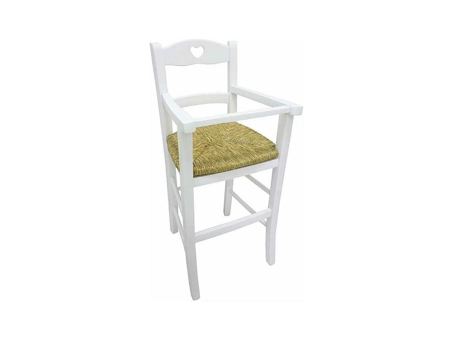 Chaise haute en bois laqué blanc avec assise en paille