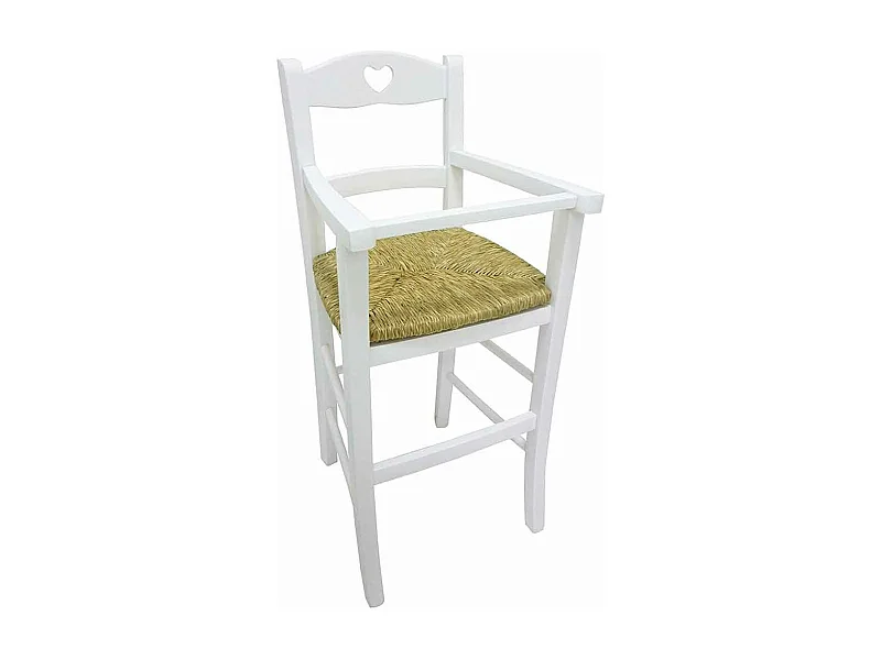 Chaise haute en bois laqué blanc avec assise en paille