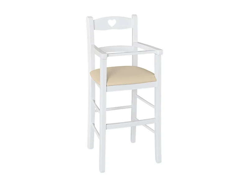 Chaise haute en bois blanc avec assise en éco-cuir beige