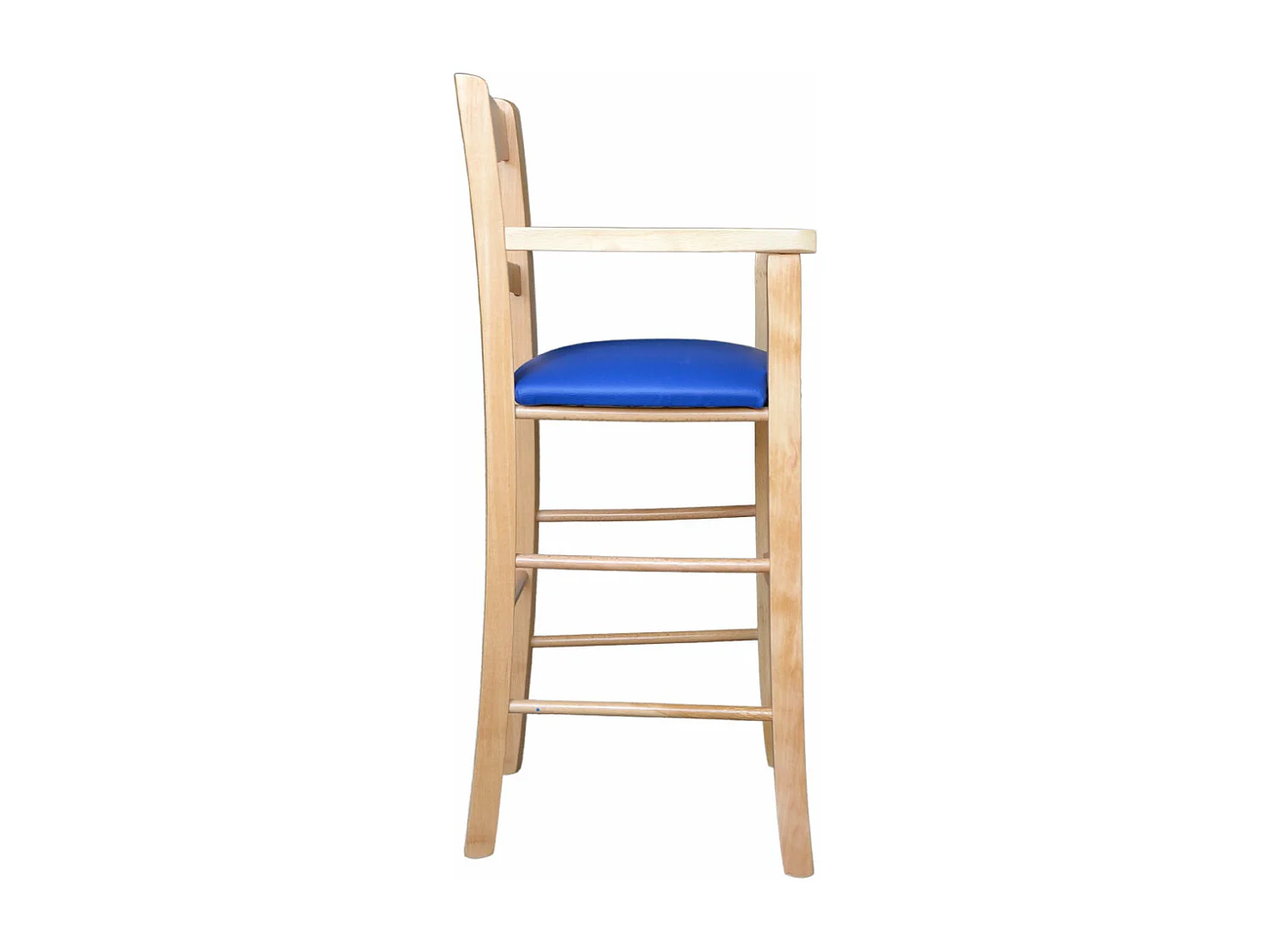 Chaise haute en bois naturel avec assise rembourrée en simili cuir bleu