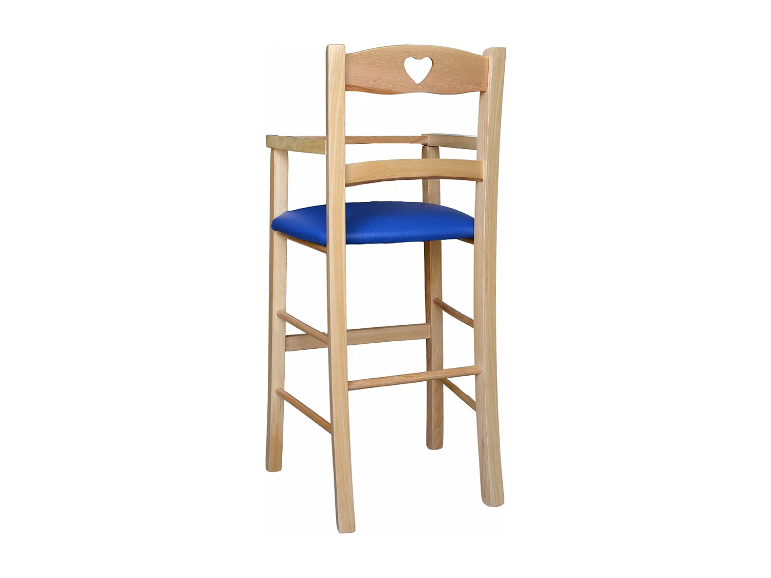 Chaise haute en bois naturel avec assise rembourrée en simili cuir bleu