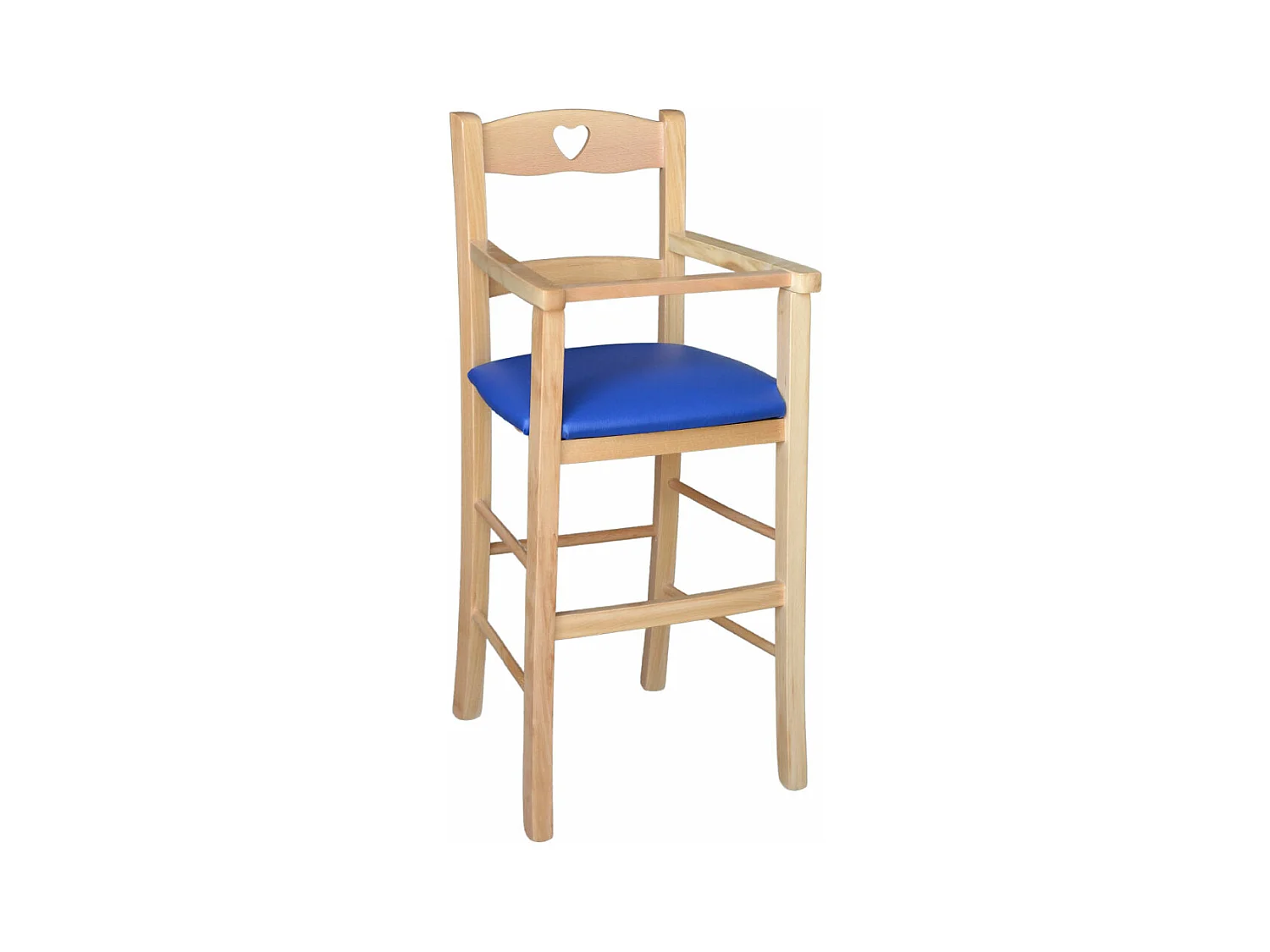 Chaise haute en bois naturel avec assise rembourrée en simili cuir bleu