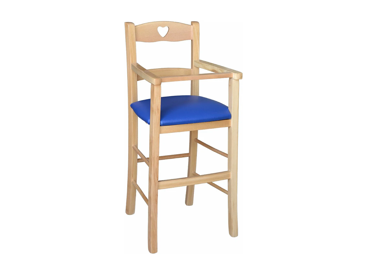 Chaise haute en bois naturel avec assise rembourrée en simili cuir bleu