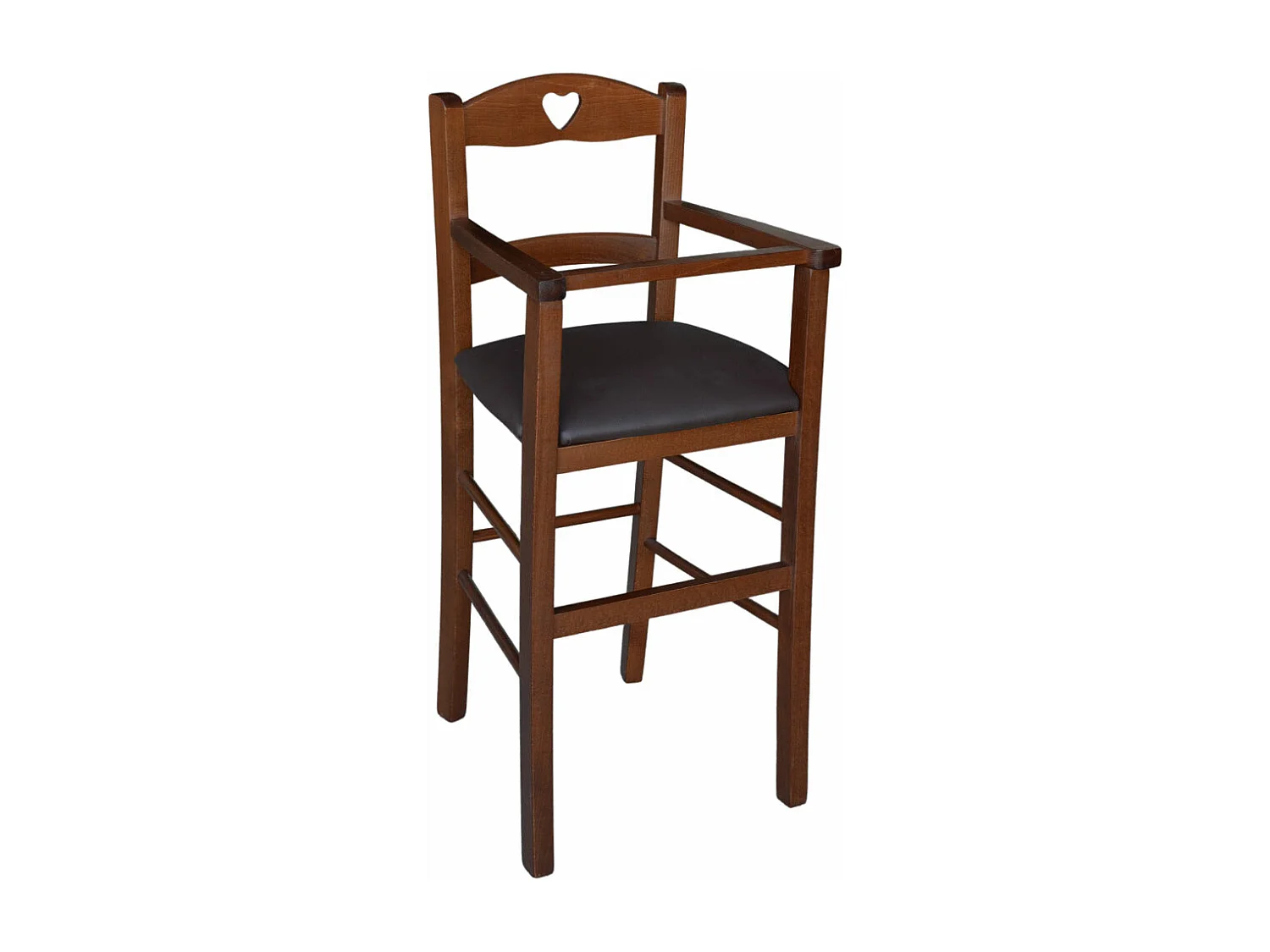 Chaise haute en bois de noyer foncé avec assise rembourrée en simili cuir marron