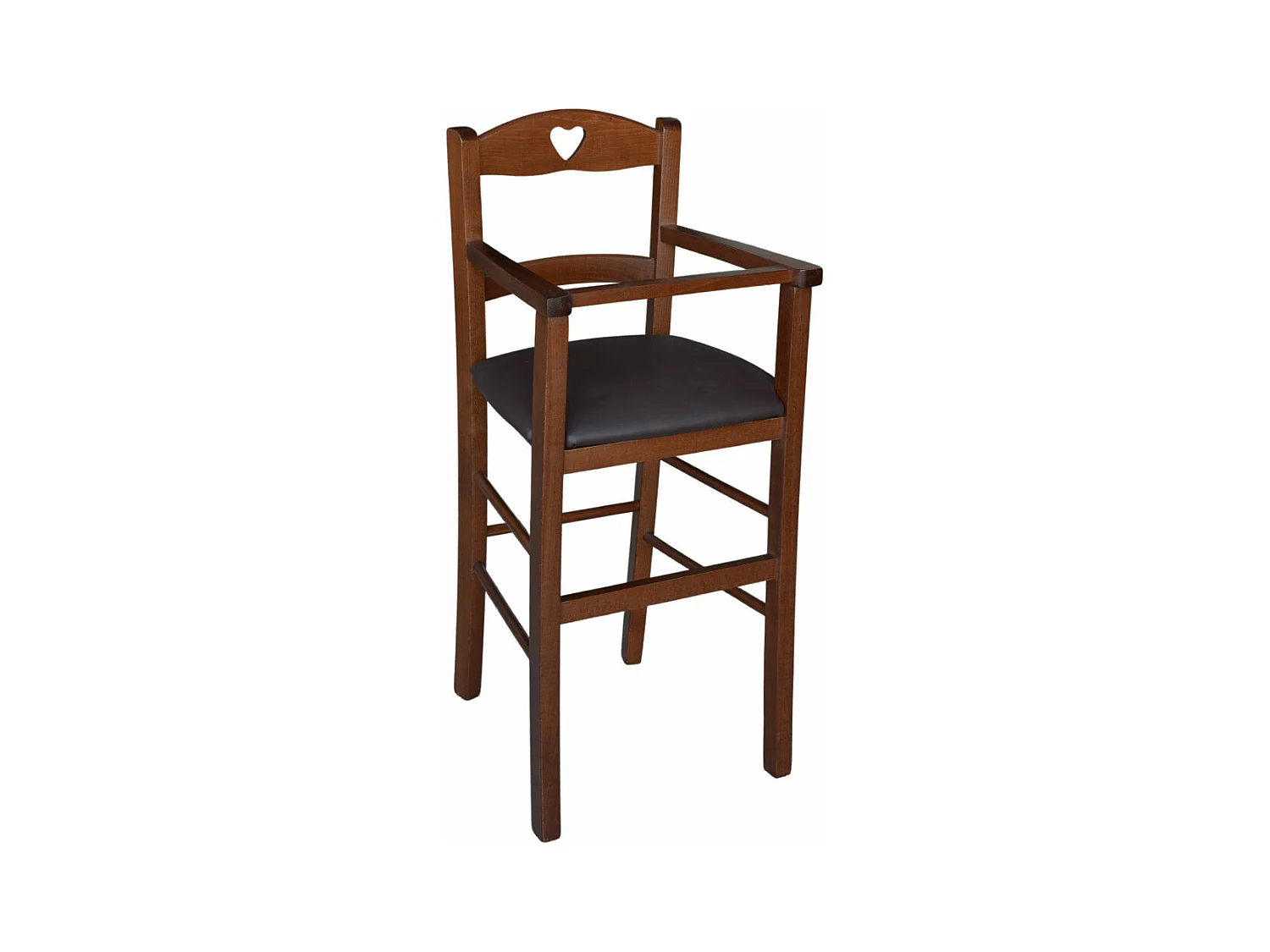 Chaise haute en bois de noyer foncé avec assise rembourrée en simili cuir marron