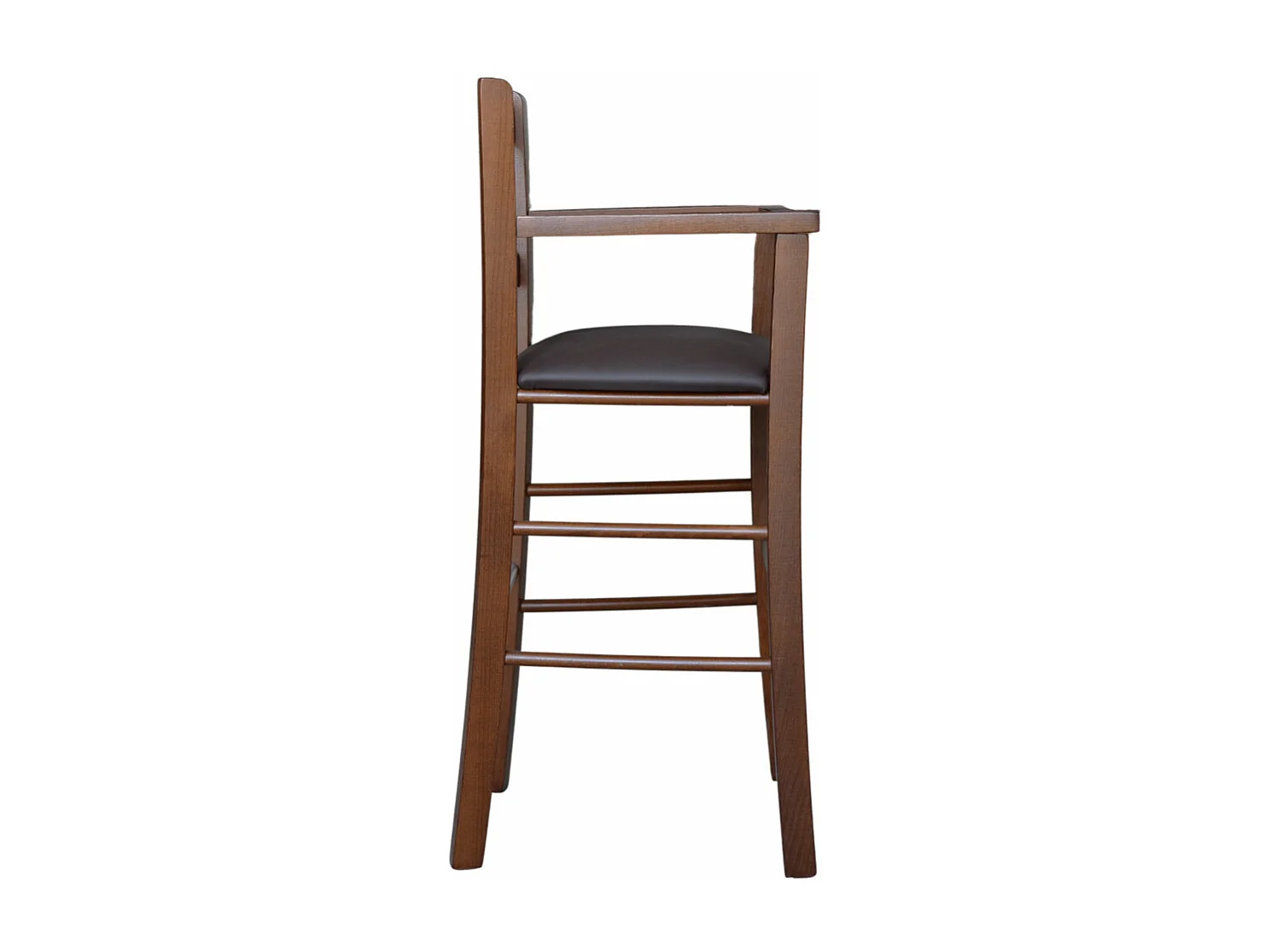 Chaise haute en bois de noyer foncé avec assise rembourrée en simili cuir marron