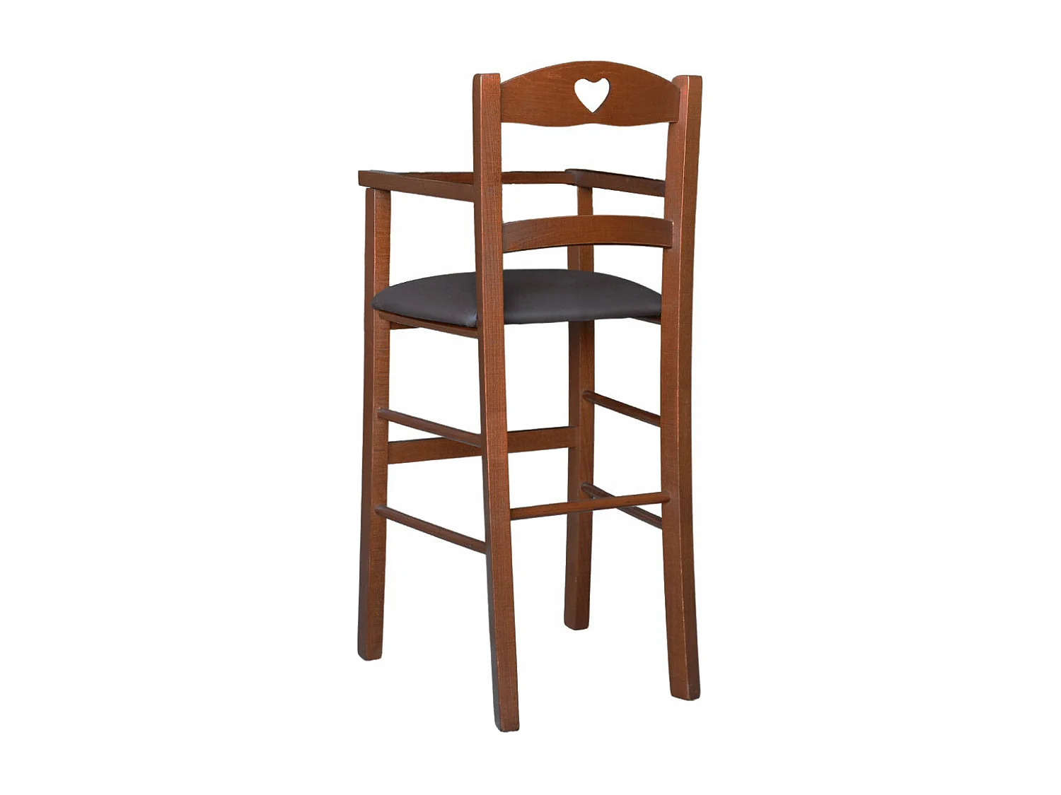 Chaise haute en bois de noyer foncé avec assise rembourrée en simili cuir marron