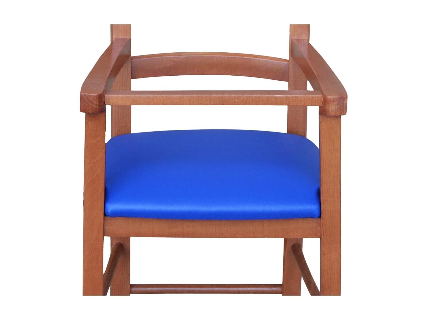 Chaise haute en bois de cerisier avec assise rembourrée en simili cuir bleu