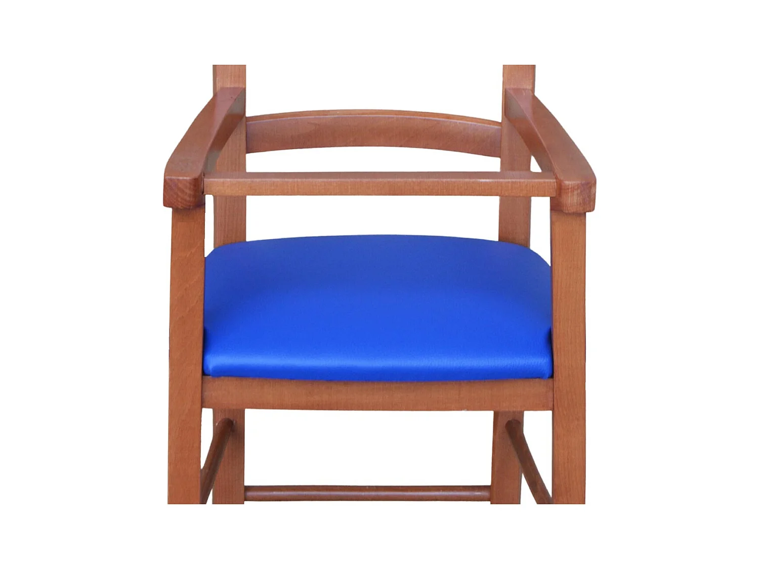 Chaise haute en bois de cerisier avec assise rembourrée en simili cuir bleu