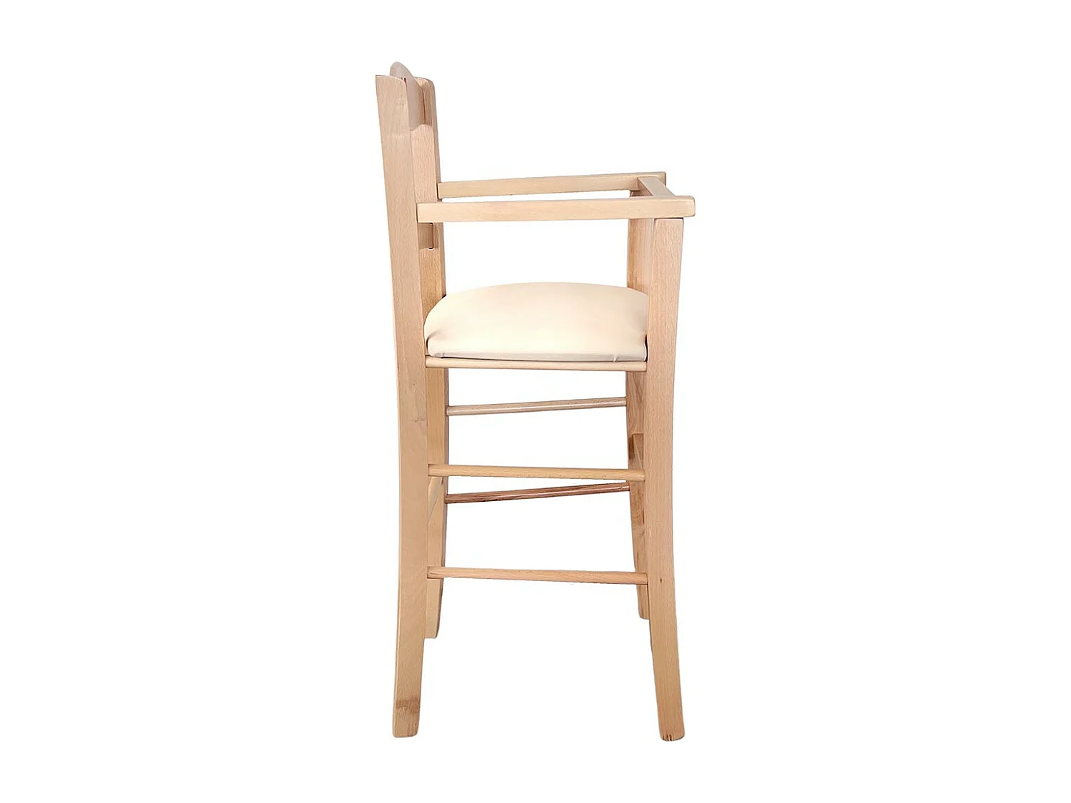 Chaise haute en bois naturel avec assise rembourrée en simili cuir beige/crème