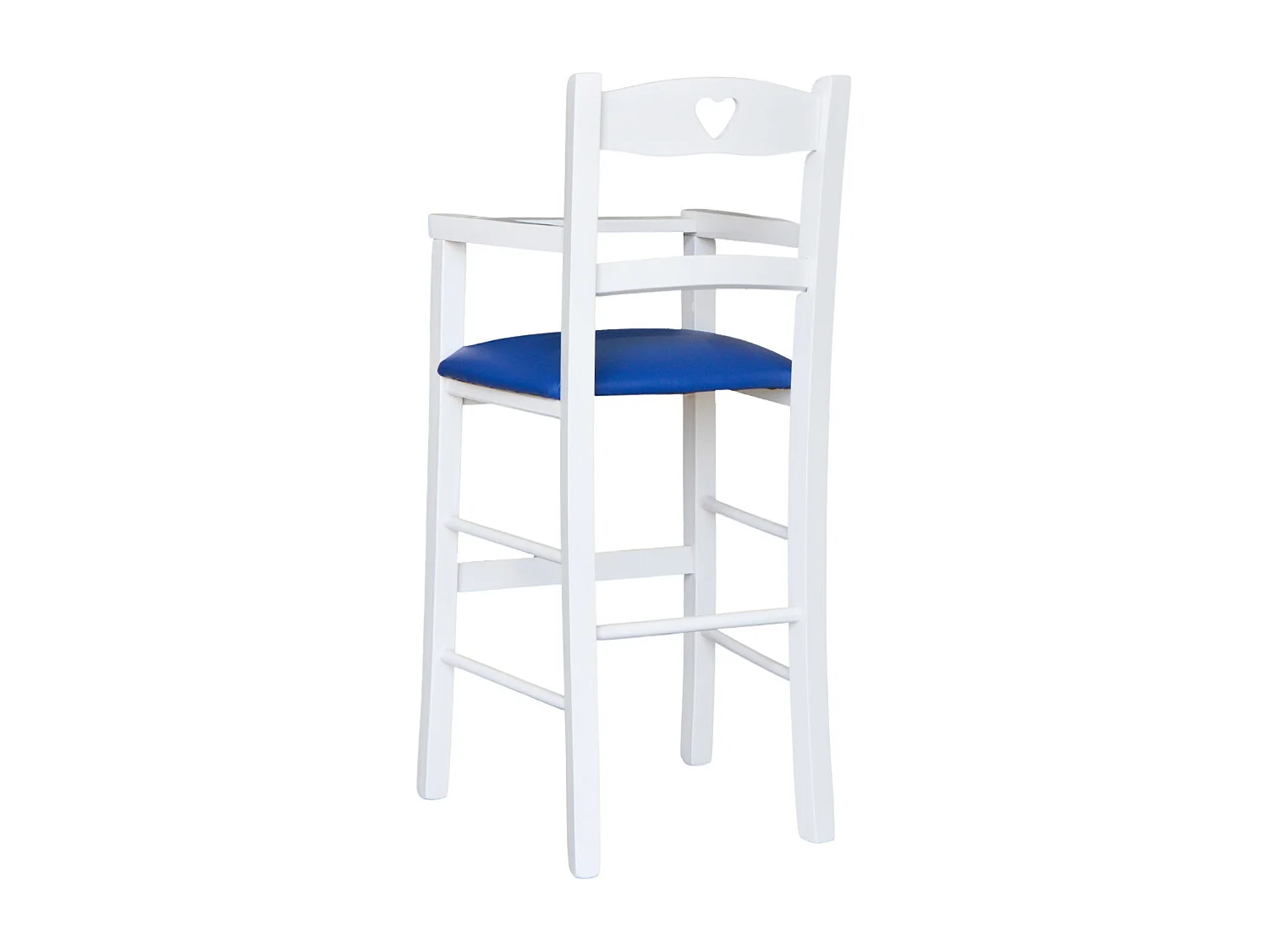 Chaise haute en bois blanc avec assise rembourrée en similicuir bleu