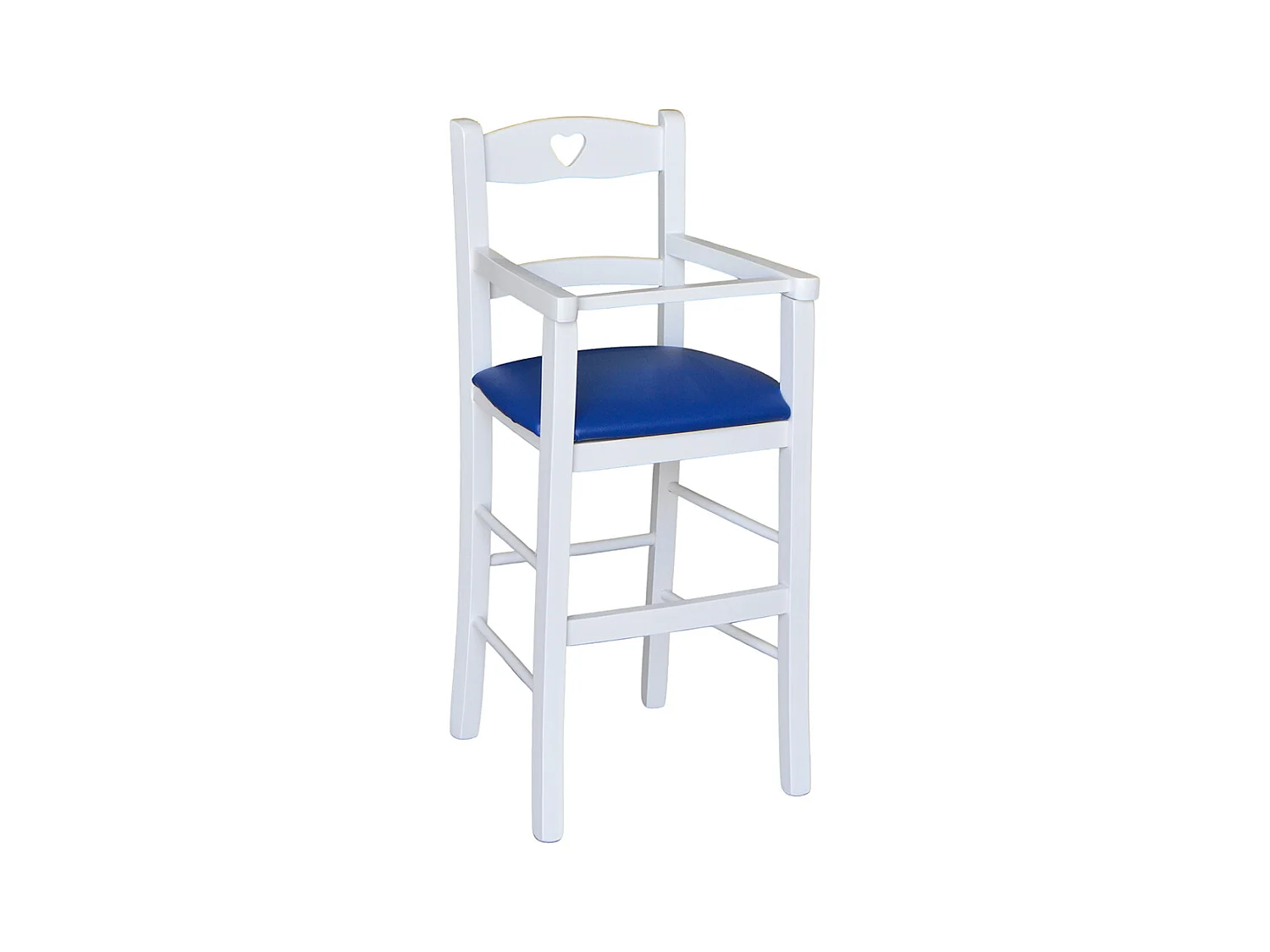 Chaise haute en bois blanc avec assise rembourrée en similicuir bleu