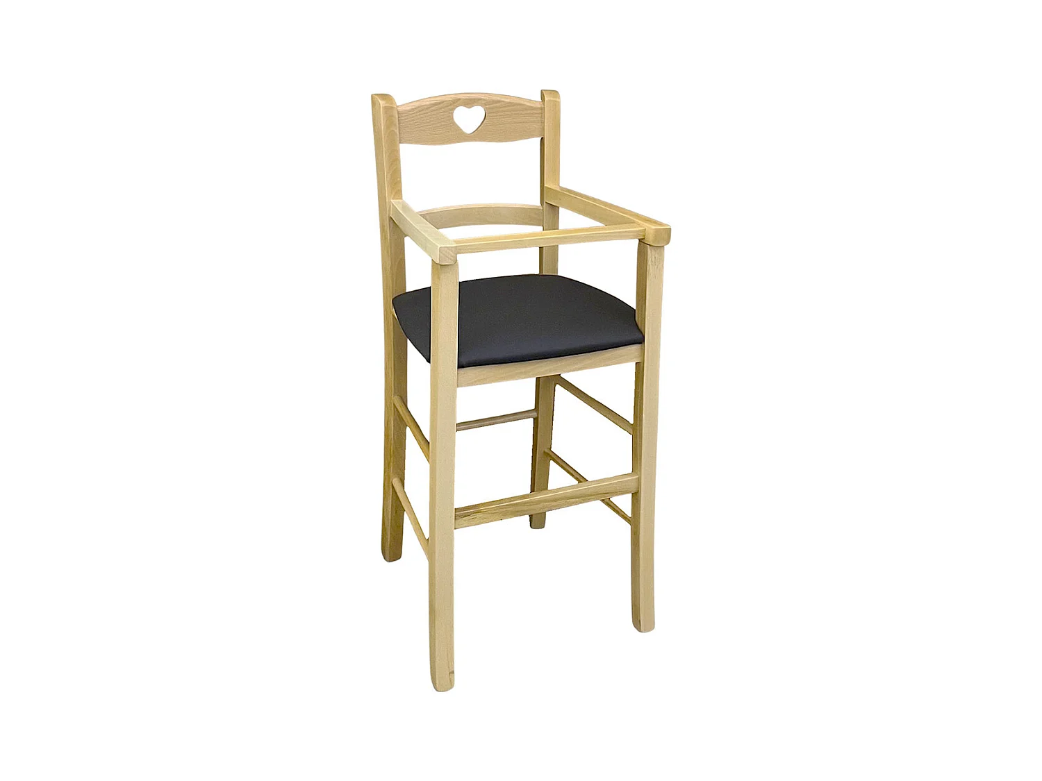 Chaise haute en bois naturel avec assise rembourrée en simili cuir marron