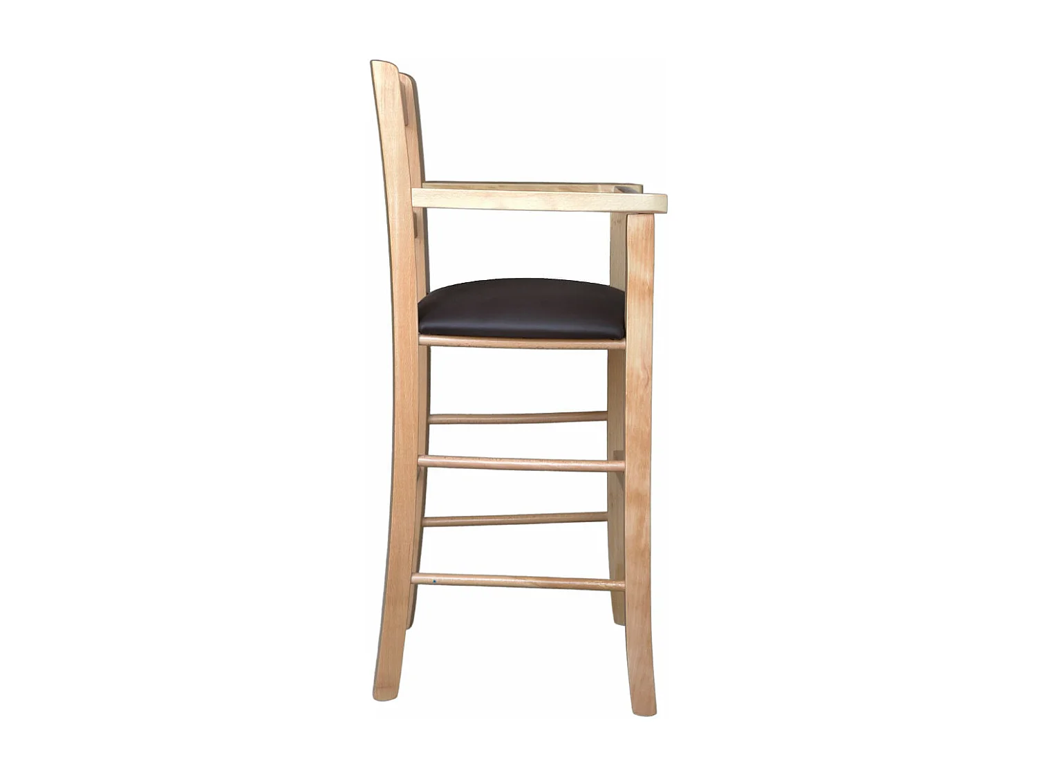 Chaise haute en bois naturel avec assise rembourrée en simili cuir marron