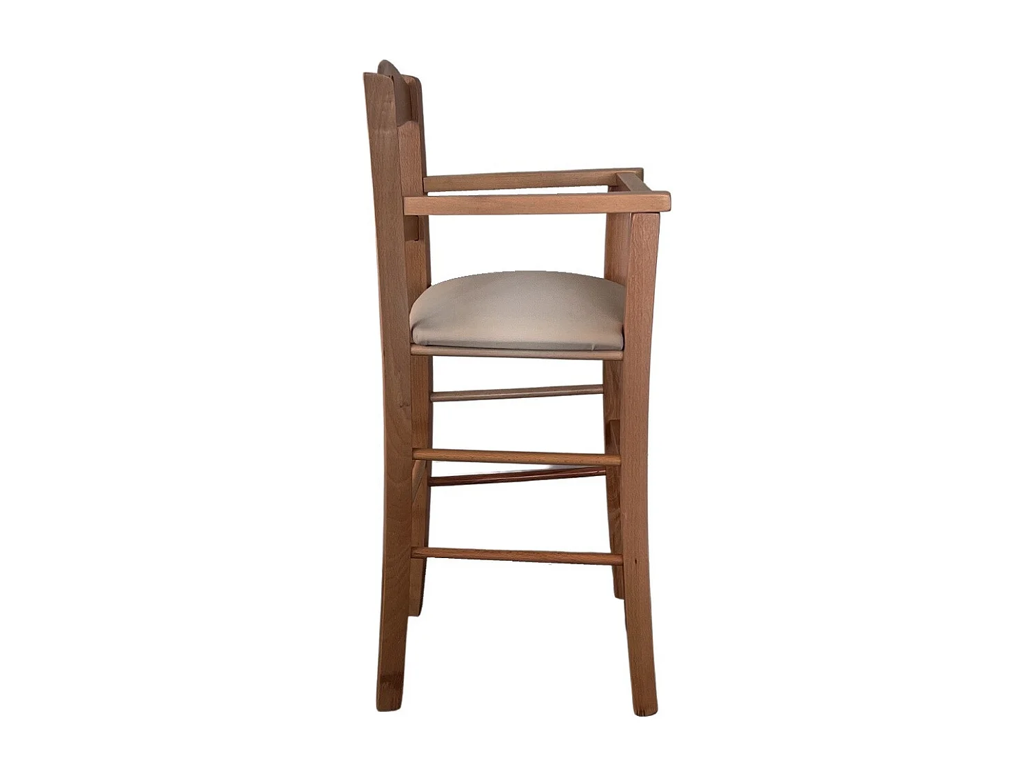 Chaise haute en bois de noyer clair avec assise rembourrée en simili cuir gris tourterelle