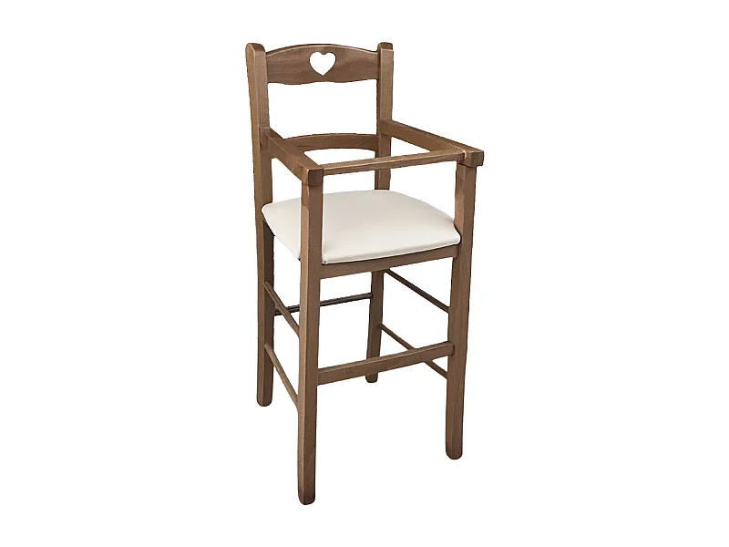 Trona en madera de nogal claro con asiento acolchado en polipiel beige/crema